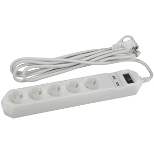 USF-5es-1.5m-USB-W Сетевой фильтр ЭРА (белый) с заземл, 3x0,75мм2, с выкл, 5гн+2USB, 1.5м - купить в Волгограде