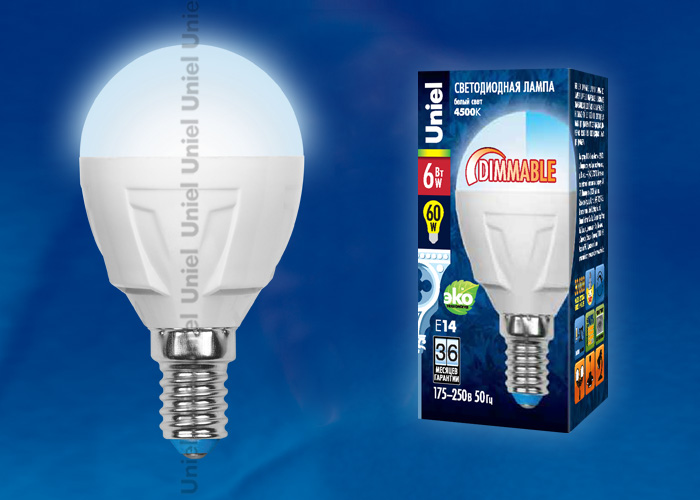 Лампа светодиодная LED-G45-6W/E14/FR/DIM PLP01WH картон с гарантией 3 года