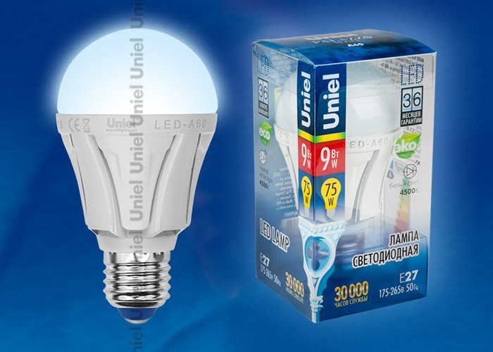 Лампа светодиодная LED-A60-9W/E27/FR ALP01WH пластик с гарантией 3 года