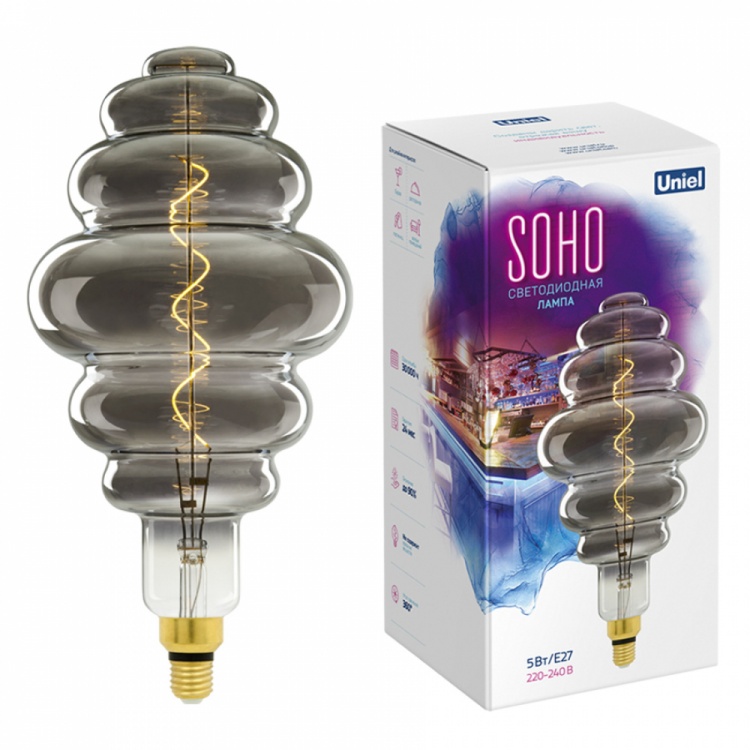 Лампа светодиодная SOHO LED-SF40-5W/SOHO/E27/CW CHROME/SMOKE GLS77CR хромированная/дымчатая колба, спиральный филамент с гарантией 