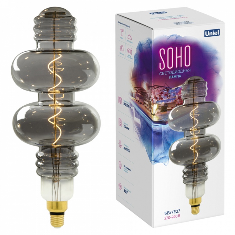 Лампа светодиодная SOHO LED-SF42-5W/SOHO/E27/CW CHROME/SMOKE GLS77CR хромированная/дымчатая колба, спиральный филамент с гарантией 